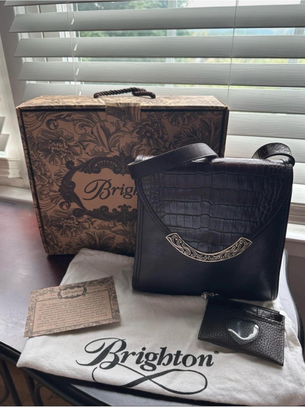 Brighton Black Croc-Embossed Crossbody Bag with Silver wallet and dust bag & box